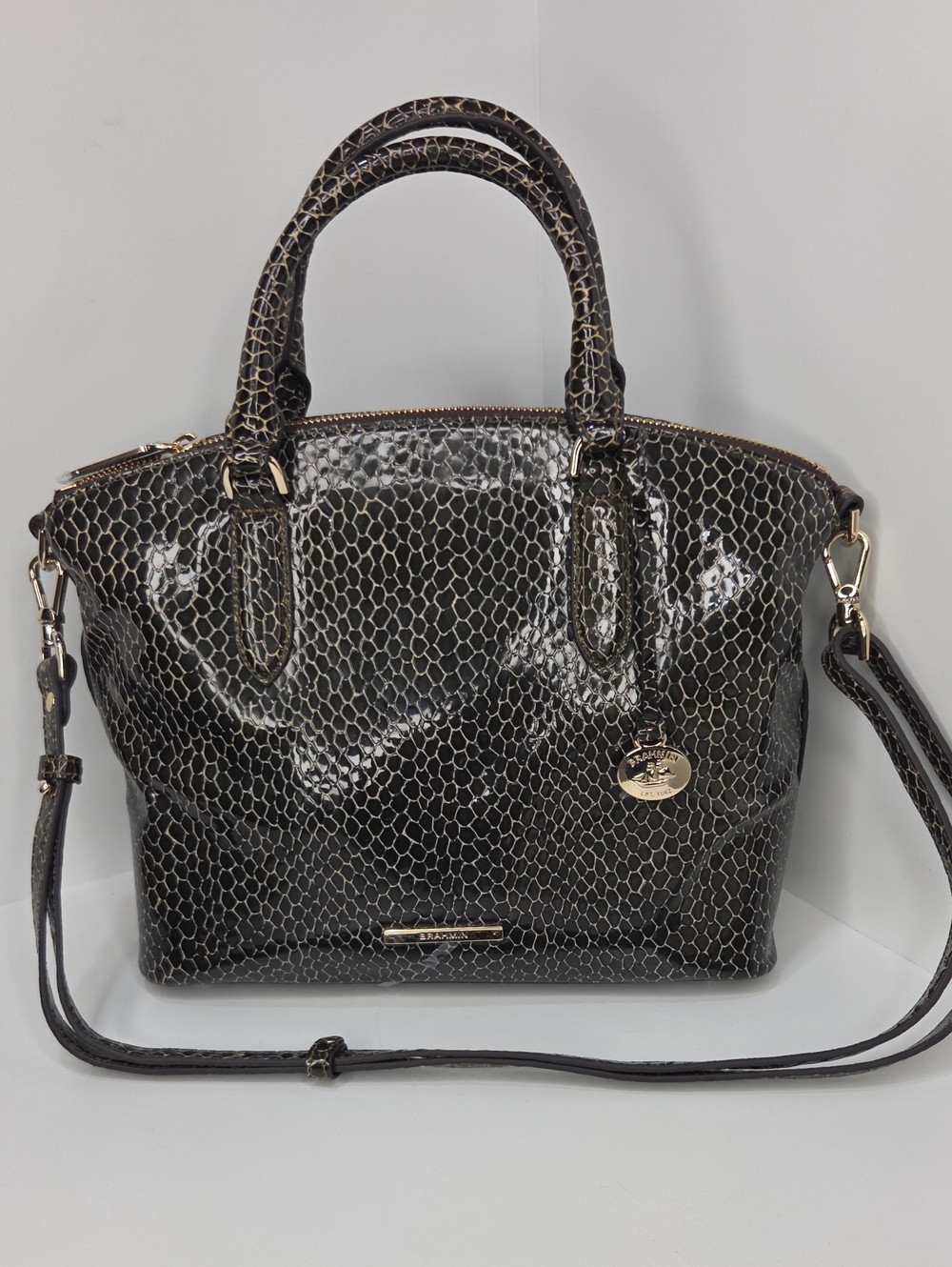 Brahmin Black Snake-Embossed Patent Satchel with Gold Hardware